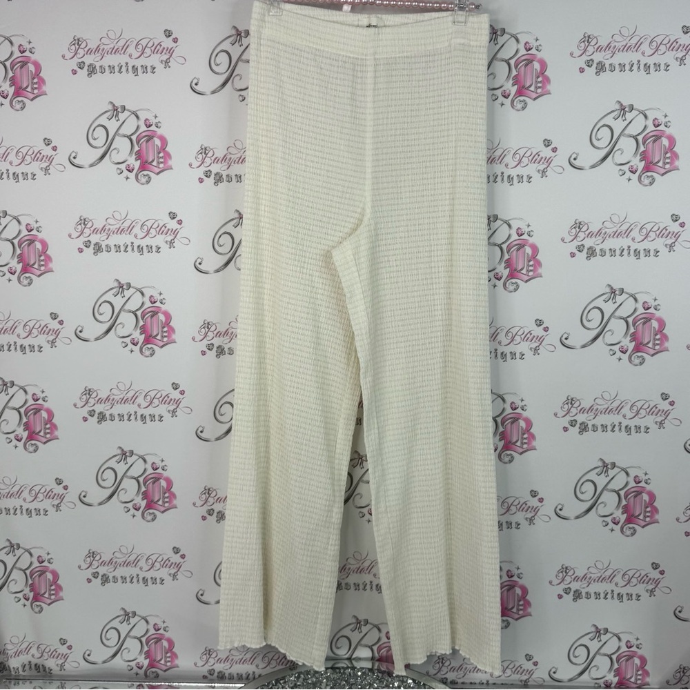 Wilfred pants high waisted ruffle trim hem textured Cream Wide Leg Pants aritzia